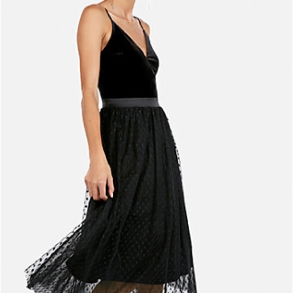 EXPRESS Black Cocktail Dress Velvet Bodice Mesh Polka Dot Overlay Medium - Picture 2 of 6